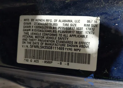 2016 Honda Odyssey Se z USA, uszkodzony, nr VIN 5FNRL5H35GB111469